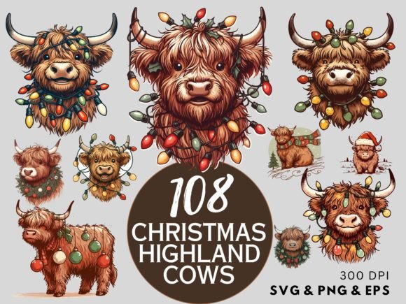 108 Christmas Highland Cows SVG, EPS, PNG: A Festive Design Bundle