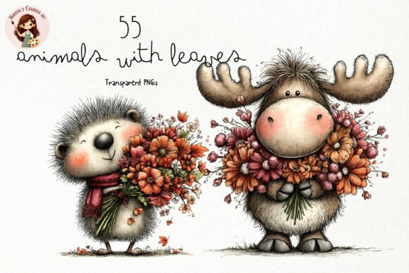 Charming Fall Designs: Cute Animals with Leaves PNG Clipart