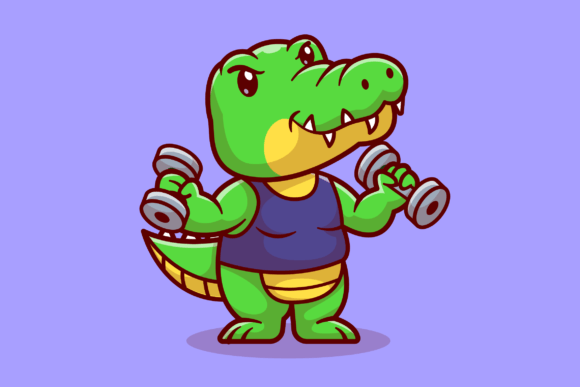 Cute Crocodile Lifting Dumbbell Cartoon: A Playful Design Asset