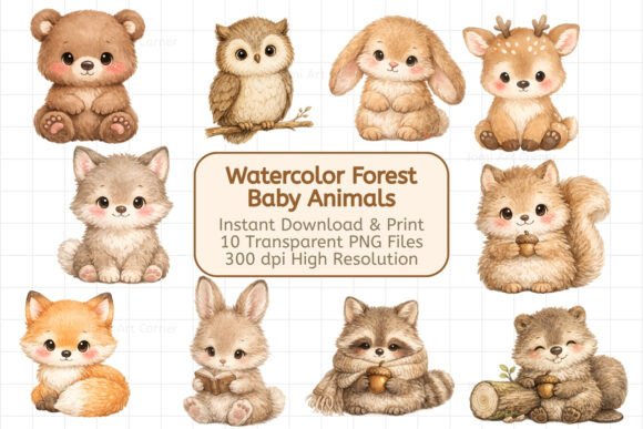 Enchanting Woodland Art: The Watercolor Forest Baby Animals Bundle