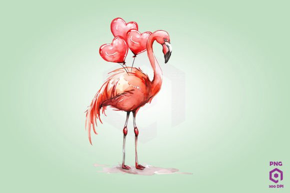 Flamingo Holding Heart-Shaped Balloons: A Playful Design Asset