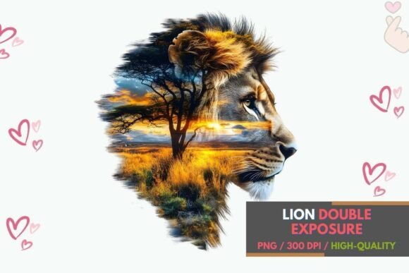 Lion PNG Double Exposure Artwork: Bold & Artistic Wildlife