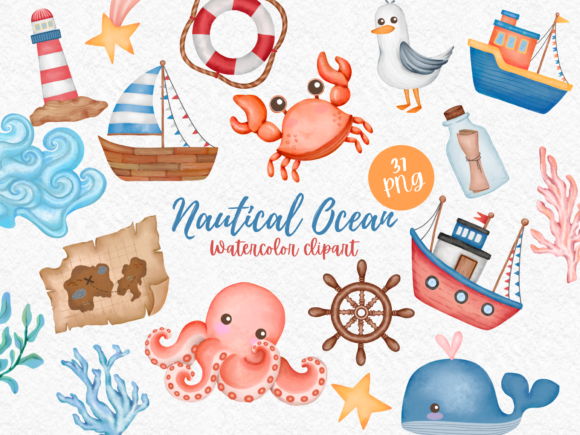 Nautical Ocean Elements Watercolor for Creative Projects