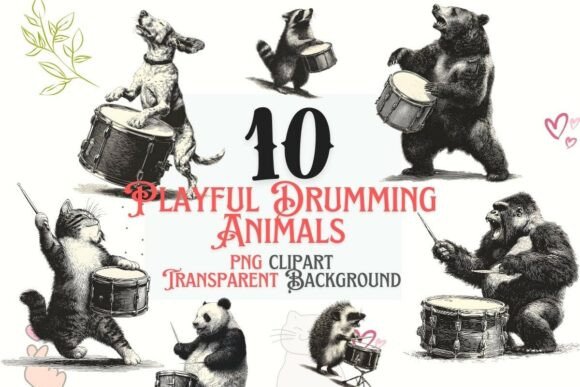 Playful Drumming Animals Vintage PNG: Adding Rhythm to Your Designs