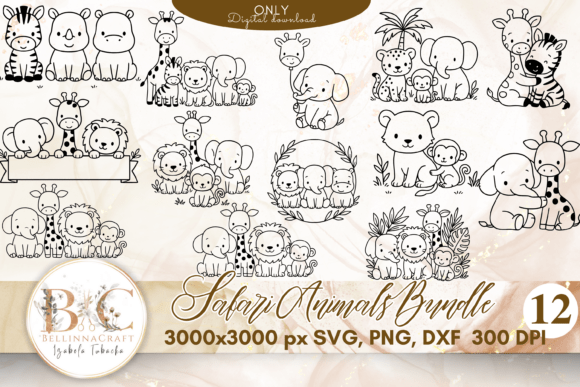 Safari Animals Bundle SVG PNG DXF: Jungle Line Art for Crafting