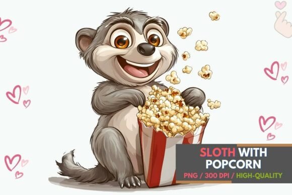 Sloth with Popcorn Clipart: A Cozy Design Asset