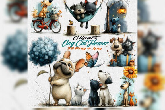 Whimsical Dog Cat Flower Clipart PNG Set: Designing with Heart